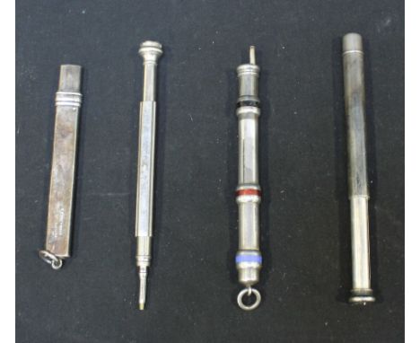 A Sampson Mordan silver and enamel triple pencil, (red, blue, black), together with a silver pencil sheath and holder and ret
