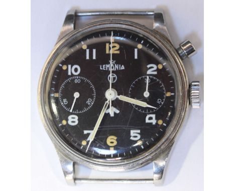 A stainless steel, single button Lemania military chronograph wristwatch, the black dial with applied Arabic numerals, milita