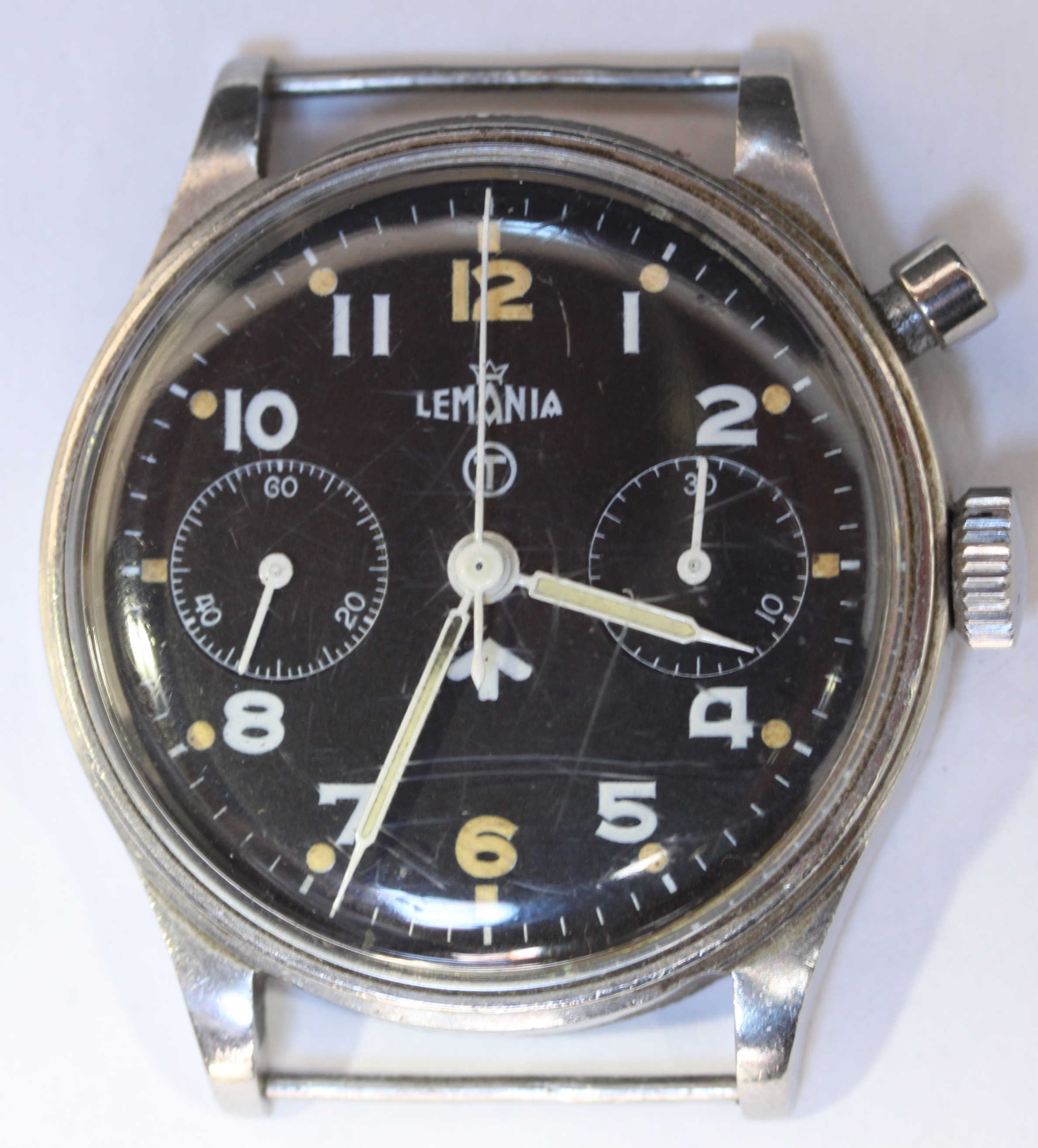 A stainless steel, single button Lemania military chronograph