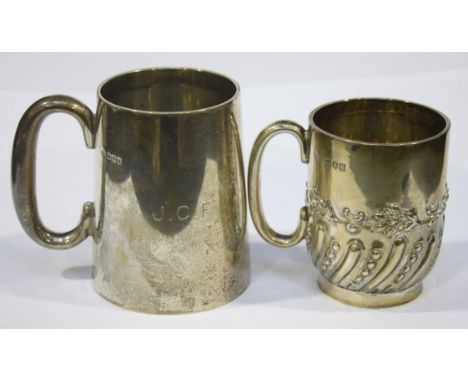 A silver christening mug of plain cylindrical form, Sheffield 1901-02, together with another silver christening mug with half