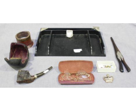 Various silver-mounted items including an ebonised tray, Asprey leather cylindrical pot, tobacco pipe with cow-head bowl, pai
