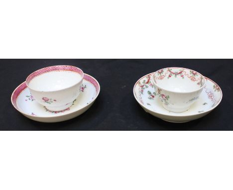 Two various 18th century New Hall porcelain tea bowls and saucers, various decorated with flower sprays
