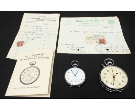 A Lemania Nero Stopwatch/pocket watch and a similar by H.C Henderson, both with Arabic numeral enamel dial's and in stainless