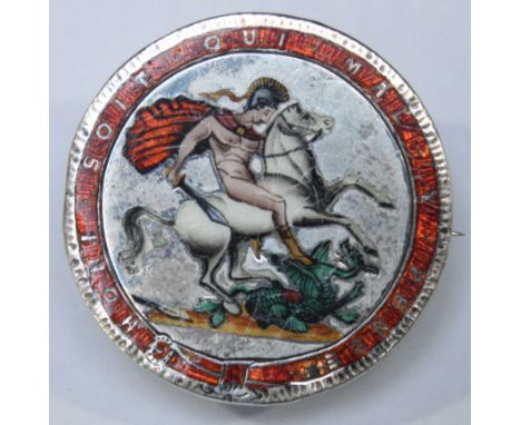 A George III silver crown with polychrome enamel decoration to front, mounted as a brooch, 25g