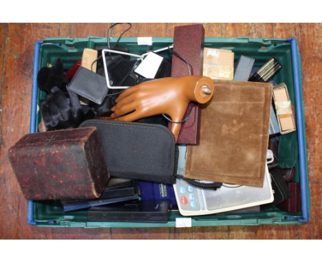 A quantity of jewellery and watch dealers tools, scales, jewellery boxes etc