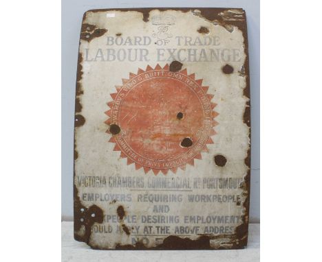 A large enamel sign from the Portsmouth Board of Trade Labour Exchange, originally from Commercial Road in Portsmouth, 90cm h