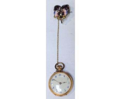 A ladies 18ct gold pocket watch, the back decorated with an enamel and diamond set pansy with attached similar diamond set pa