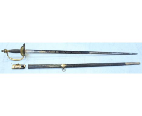 An early 19th Century 1796 pattern Infantry officers sword, with a double fullered blade, twisted wire grip and D-guard, toge