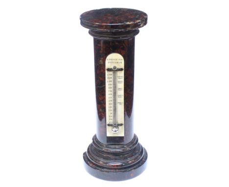 An ivory backed scale thermometer attached to a marble column, made by J.Prockter of Penzance, 19cm in height, AF