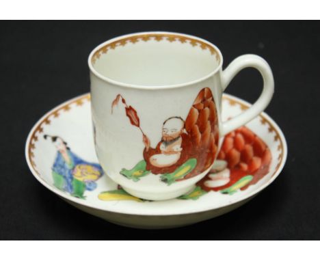 An 18th century Worcester 'PU TAI' pattern coffee cup and saucer, each painted with three oriental figures, 6cm diam cup, 12c