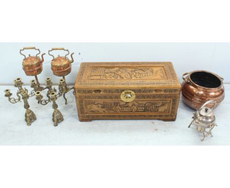 A small Oriental carved trunk, 70cm wide, together with various silver plated and brass items including a pair of brass cande