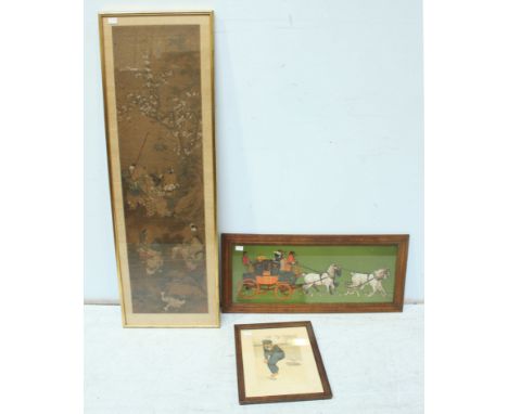 A Cecil Aldin chromolithograph, 'Glasgow Coach' together with a painted Japanese silk depicting children playing amidst trees