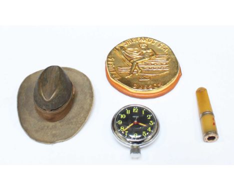A novelty inkwell modelled a Stetson hat, together with a Smith's pocket watch, a yellow metal Greek shipping medallion and a