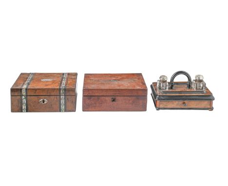 A Victorian walnut writing box, with mother of pearl and abalone bands, fitted interior, 35cm l, a Victorian mahogany writing