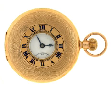 A 9ct gold half hunting cased keyless lever watch, with enamel dial, engine turned, 49mm diam, import marked London 1927, 61g