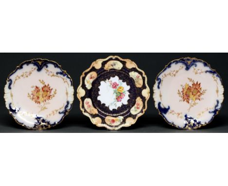 A Royal Worcester dessert plate and a pair of contemporary Limoges dessert plates, 1899 and circa, printed and painted with f