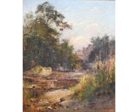 R Pearson, 1897 – Wooded Landscape with River Weir, signed and dated, oil on canvas, 75 x 62cm Small spots of flaking and som