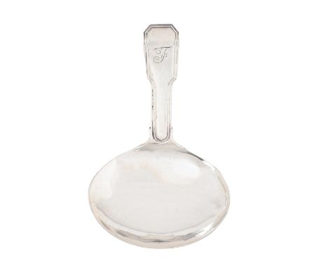A George III silver caddy spoon,&nbsp; with oval bowl, 76mm l, by Joseph Willmore, Birmingham 1818, 7dwts Good condition, not