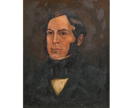 British Naive Artist, 19th c - Portrait of a Man, head and shoulders in a black coat, oil on canvas laid on board, 37 x 29cm 