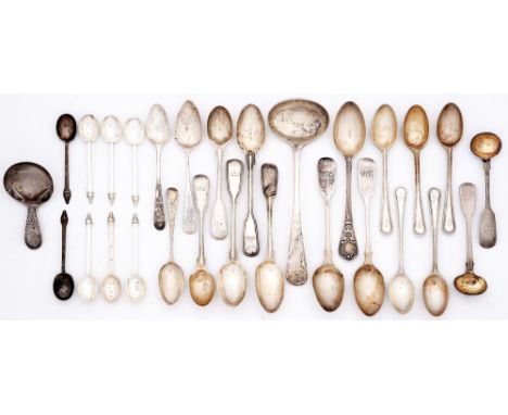 Miscellaneous silver tea and other spoons and a sauce ladle, George III - early 20th c, various patterns and makers, 17ozs 15