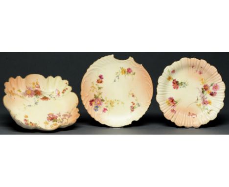 A Royal Worcester shell shaped dessert dish, Moore dessert plate and another, 1897-99, printed and painted with naturalistic 