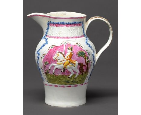 A Pratt Ware Duke of York and Prince Cobourg pearl ware jug, c1793-4, the portrait painted in a typical palette on an unusual