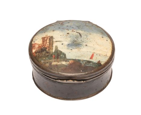 A brass mounted and japanned tinplate snuff box, early 19th c, the slightly convex lid painted with a coastal scene, 68mm dia
