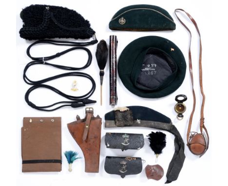 Militaria. Uniform, Robin Hood Rifles black lambswool busby, pre WWI,&nbsp;a Glengarry with ribbons, c1868-1890, side cap and