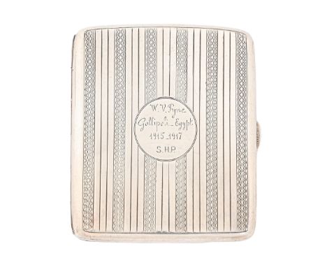A George V silver cigarette case, engine turned, 85mm, by Cohen &amp; Charles, Chester 1915, 2ozs 10dwts Good condition