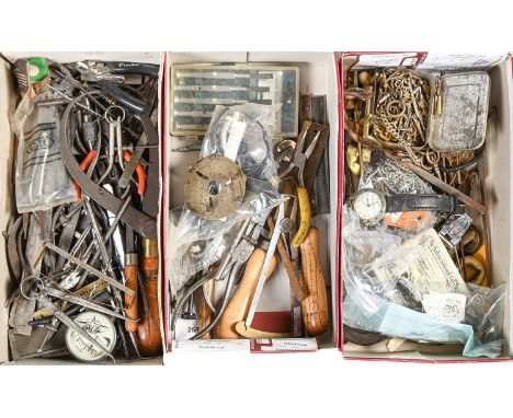 Miscellaneous Victorian and later watchmaker's tools, clock and watch parts and keys, etc 