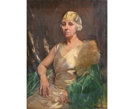 Arthur Spooner RBA (1873-1962) - Portrait of a Lady, seated three quarter length in an ivory satin dress and pearls, signed, 