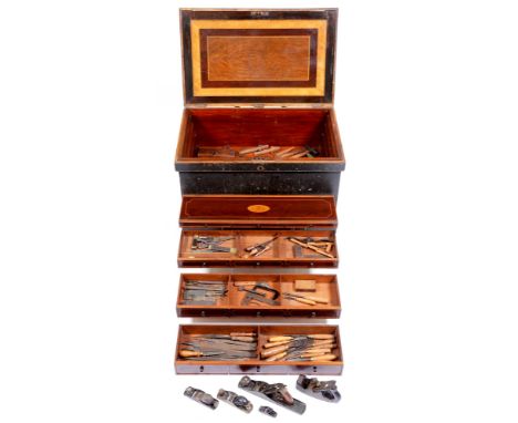 An Edwardian black painted oak and mahogany-fitted tool chest, dated 1903, the line inlaid detachable compartment with oval s
