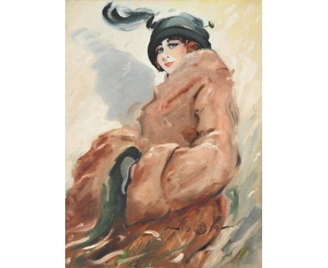 British School, 1914 - A Stylish Young Woman, signed with initial R and dated, oil on canvas board, 40 x 30cm, unframed Good 