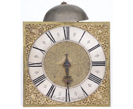 An English thirty hour clock movement and dial, Step Wilde Farnham, early 18th c, the 10" brass dial engraved with birds to t