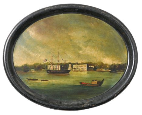 A Victorian oval papier mache tea tray, painted with a scene on the River Thomas with the Royal Barge and shipping at Greenwi