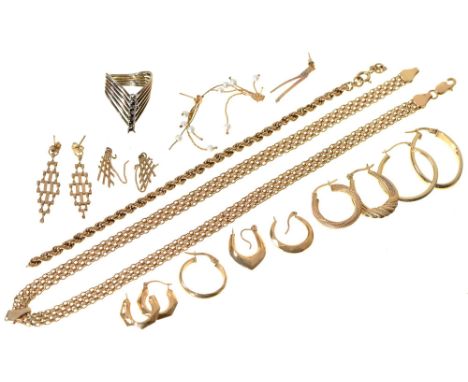 Miscellaneous gold articles, to include earrings and necklace and a pair of gold and cultured pearl earrings, 24g Several art