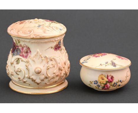 A Royal Worcester puff box and cover&nbsp; and a pot and cover, 1893 and circa, printed and painted with wild flowers on a pl