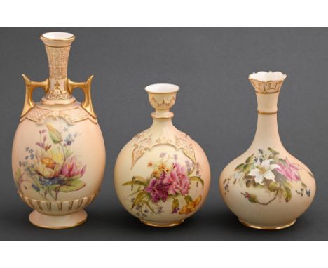 Three Royal Worcester vases, 1894, 1910 and 1915, printed and painted with wild flowers on shaded apricot ground, 12.5-17cm h