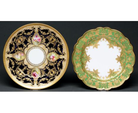 A Royal Doulton bone china plate, early 20th c, painted with four reserves of flowers on a cobalt and raised gilt ground with