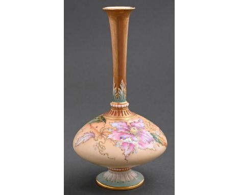 A Royal Worcester vase, c1893, printed and painted with orchids with raised gilt accents on a shaded apricot ground between f