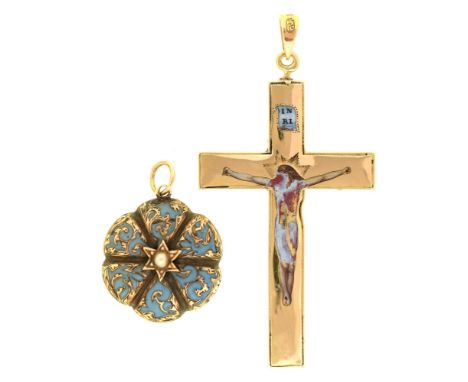 A Victorian gold, split pearl and blue enamel mourning locket, 22mm diam and a gold and enamel crucifix marked 14k, 9.2g (2) 