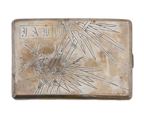 A Chinese silver cigarette case, c1930, engraved with bamboo and initials, 11.5cm l, marked H C and SILVER, 4ozs 3dwts Good c