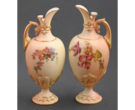 Two Royal Worcester ewers, c1910, printed and painted with wild flowers on a shaded apricot ground, 12cm h, printed mark One 