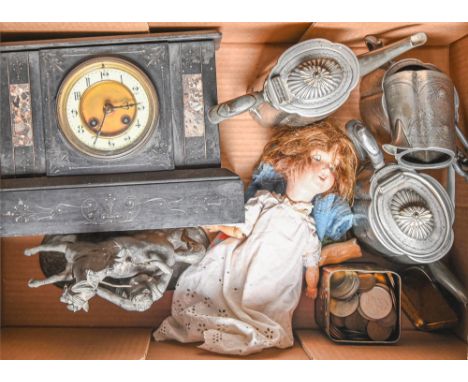 A German character doll, with Armand Marseille bisque mould 390 head, a French noir belge mantel clock, a spelter figure of a