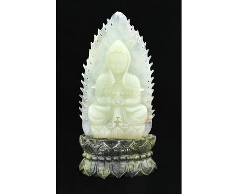 A Chinese jade carving of Buddha, 26cm h, carved stone stand Slight faults and unstable on stand