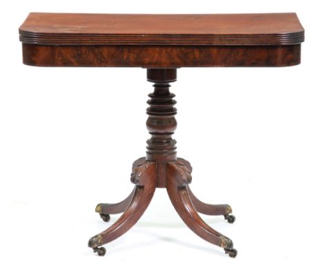 A Victorian mahogany and line inlaid tea table, on turned pillar on quadruple leaf carved legs with brass castors, 73cm h; 45