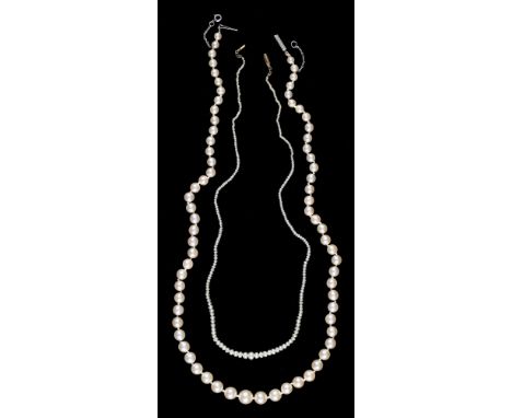 A cultured pearl necklace,&nbsp; the single row of 4-8mm cultured pearls with engraved white gold box clasp, 20.7g and a neck
