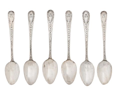 A set of six George III silver teaspoons,&nbsp;bright cut pattern, by John Lambe, London 1786, 1oz 10dwts Consistent even lig