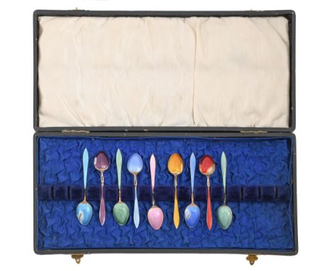 A&nbsp; harlequin set of nine Norwegian silver gilt and Harlequin guilloche enamel coffee spoons, second quarter 20th c, by D