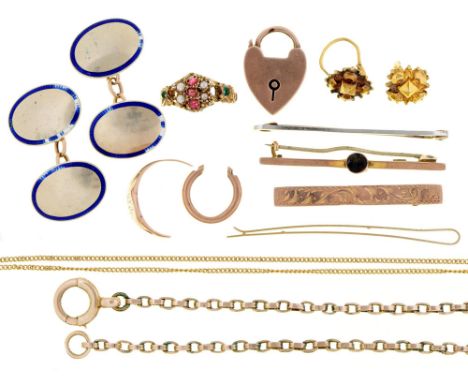 Miscellaneous gold articles, to include a pair of oval blue enamel cufflinks and several damaged rings, etc, 28g Condition ev